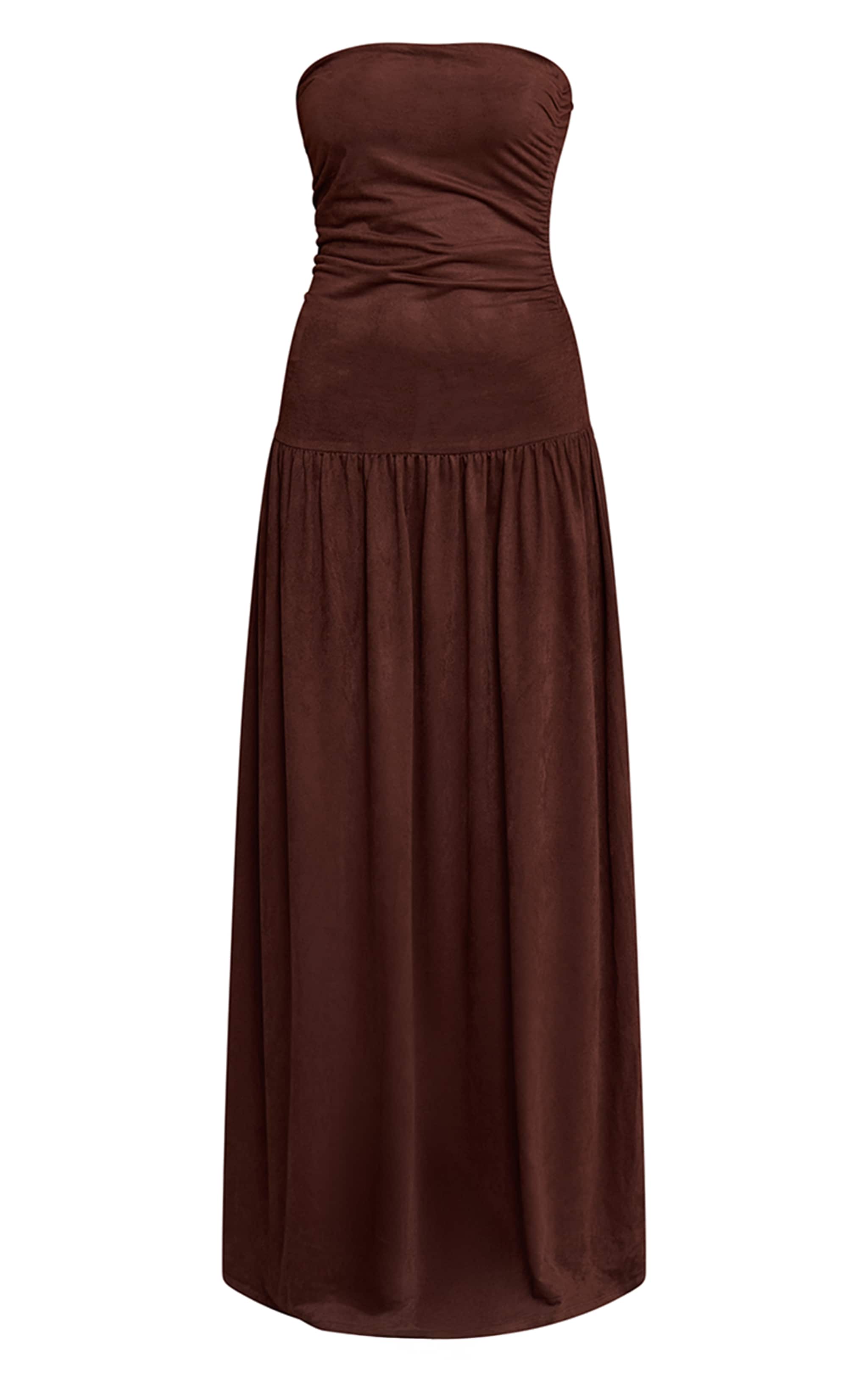 Chocolate Faux Suede Bandeau Dropped Waist Maxi Dress image 5
