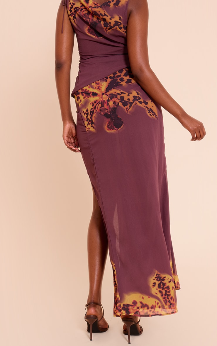 Dark Purple Floral Print Chiffon Ruched Split Maxi Skirt image 3