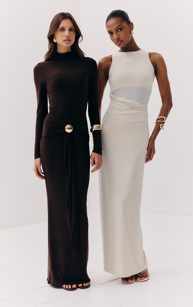 Chocolate Slinky Belt Detail Maxi Dress image 1