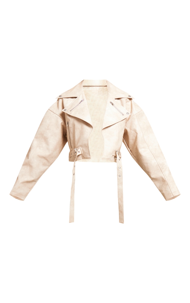 Cream Faux Leather Oversized Buckle Detail Biker Jacket image 5