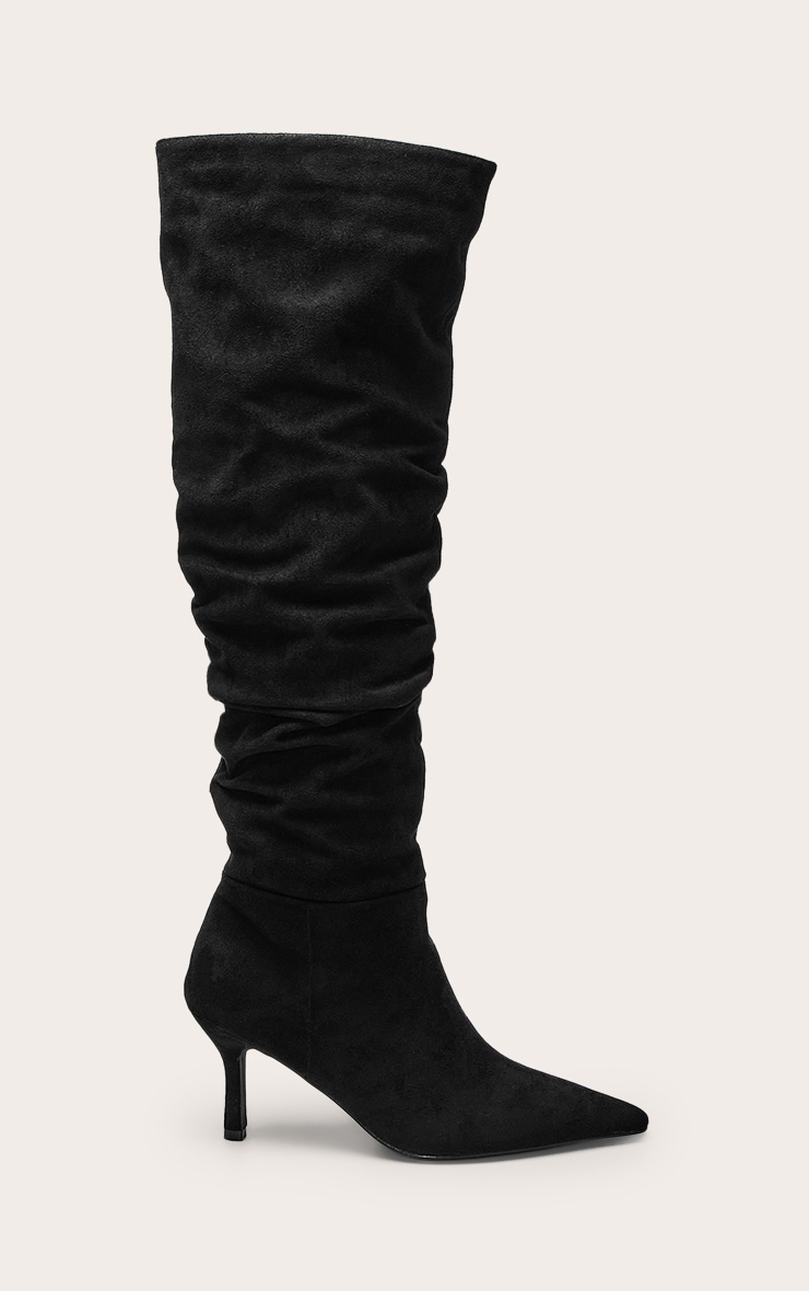 Bottes hautes en suédine noire froncées à talon image 2