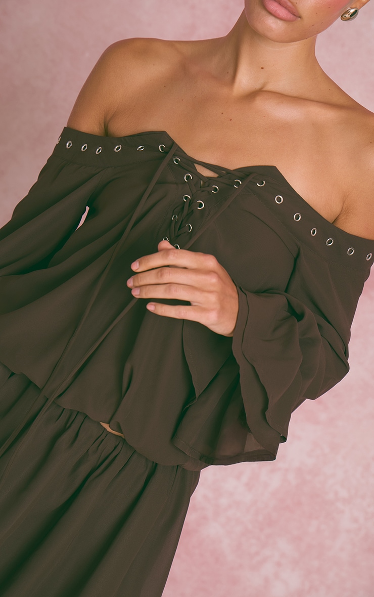 Dark Brown Lace Up Front Bardot Top image 4