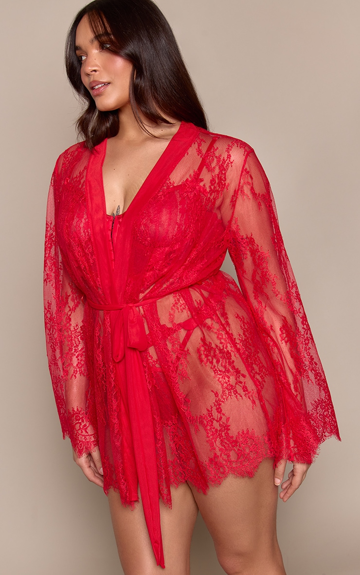 Plus Red Eyelash Flute Sleeve Maxi Lace Robe image 3