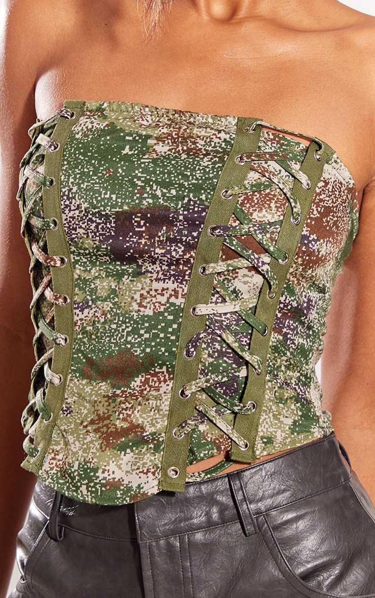 Khaki Printed Lace Up Side Bandeau Crop Top image 4