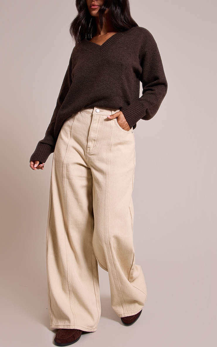 Petite Beige Wide Leg Seam Detail Jeans image 2