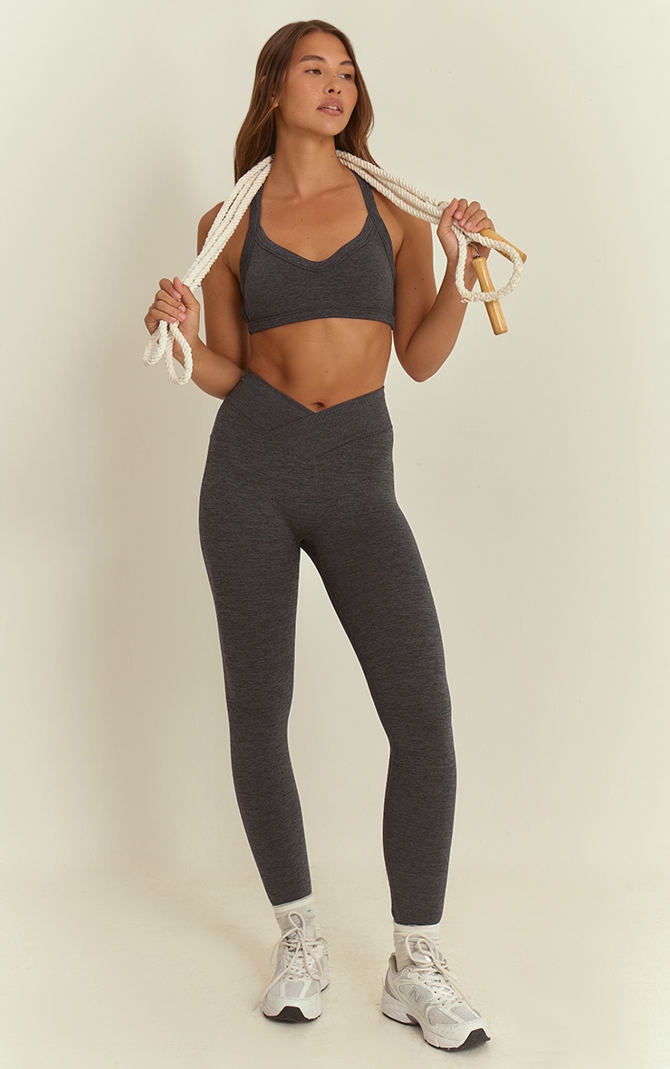 Charcoal Seamless Marl Cross Back Sports Bra image 3
