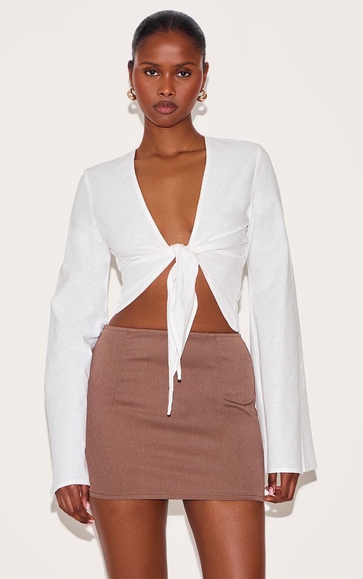 White Lightweight Woven Knot Front Drape Detail Blouse image 1