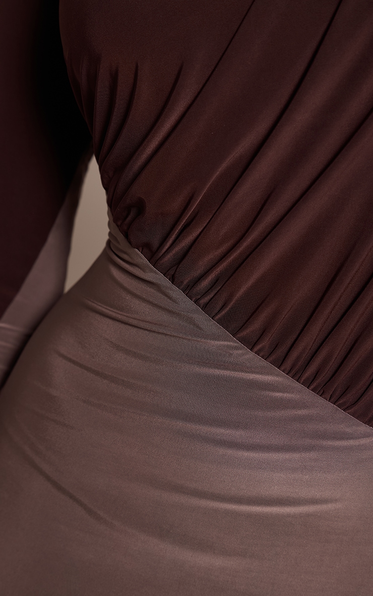 Chocolate Slinky Contrast Panel Long Sleeve Maxi Dress image 4