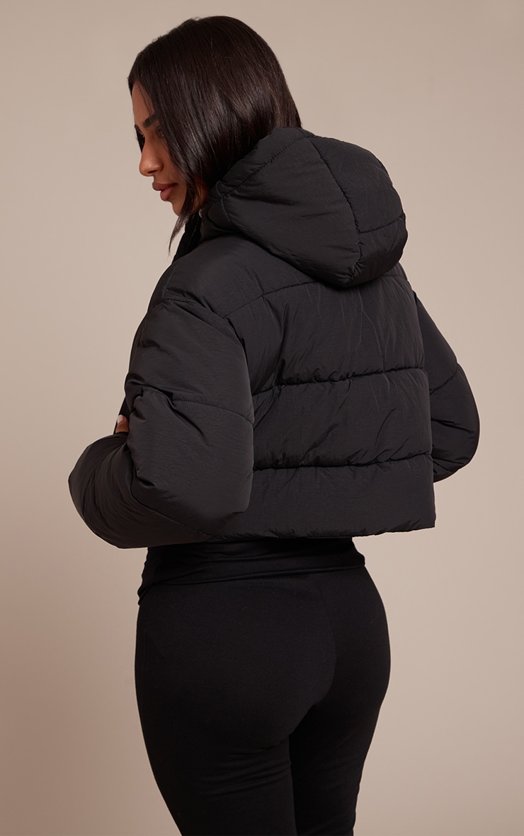 Petite Black Cropped Drawstring Puffer Jacket image 2