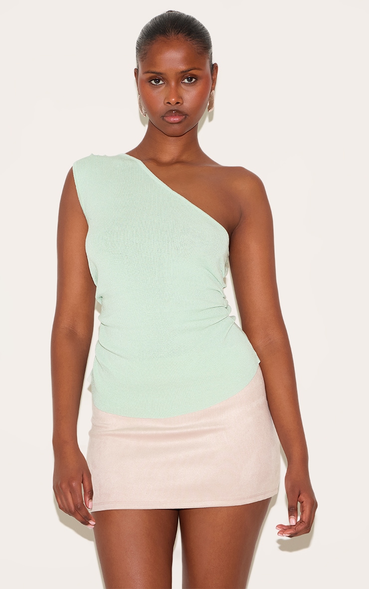 Mint Green Fine Knit One Shoulder Ruched Side Top image 1