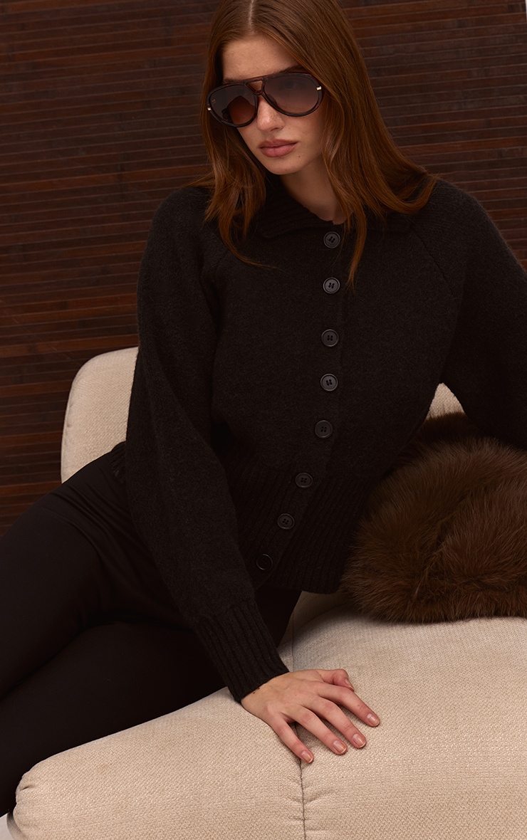 Black Collared Waist Detail Knitted Cardigan