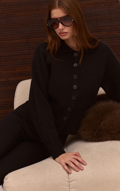Black Collared Waist Detail Knitted Cardigan