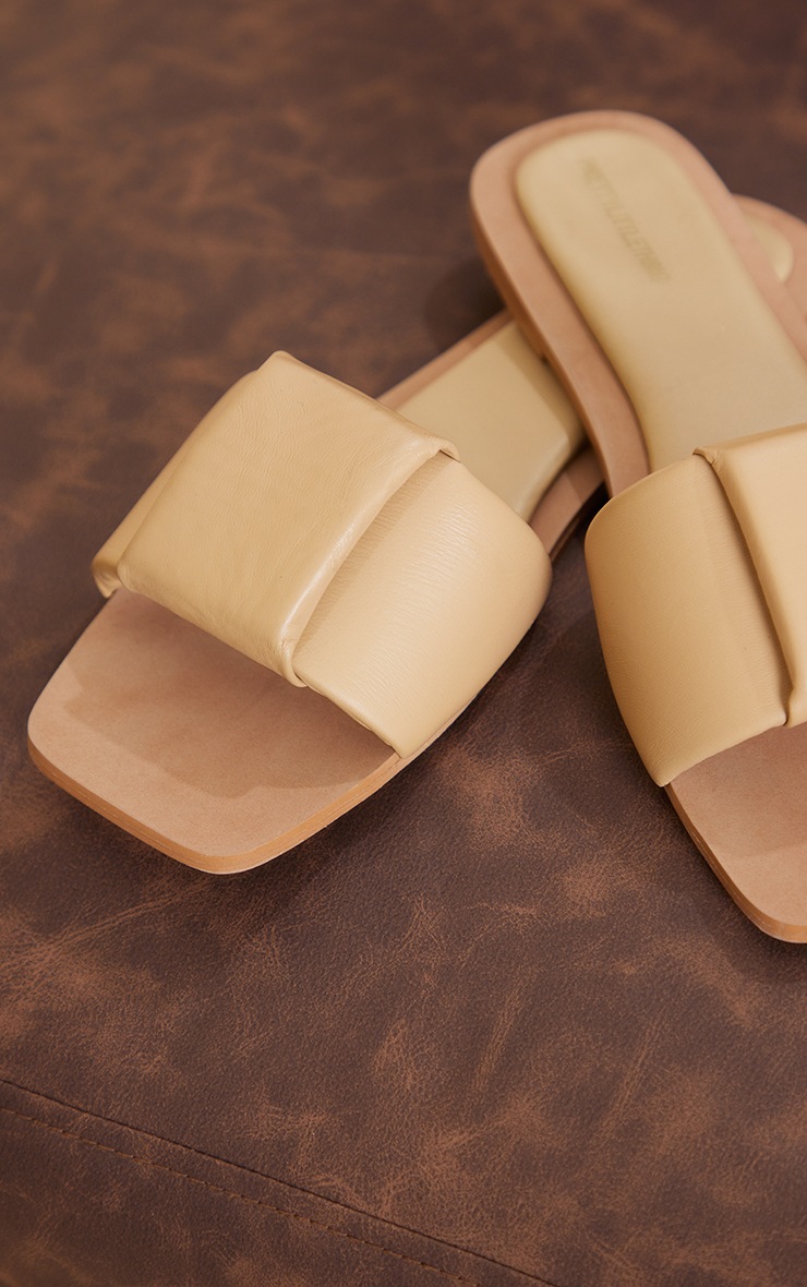 Real Leather Beige Square Toe Quilted Strap Slides image 4