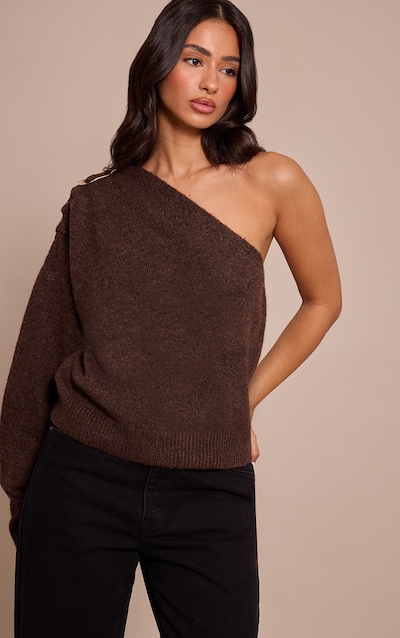 Petite Pull en maille tricot chocolat à épaule unique et empiècement