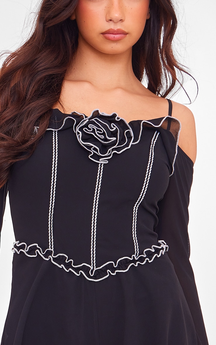 Black Contrast Stitch Chiffon Rose Applique Romper image 1