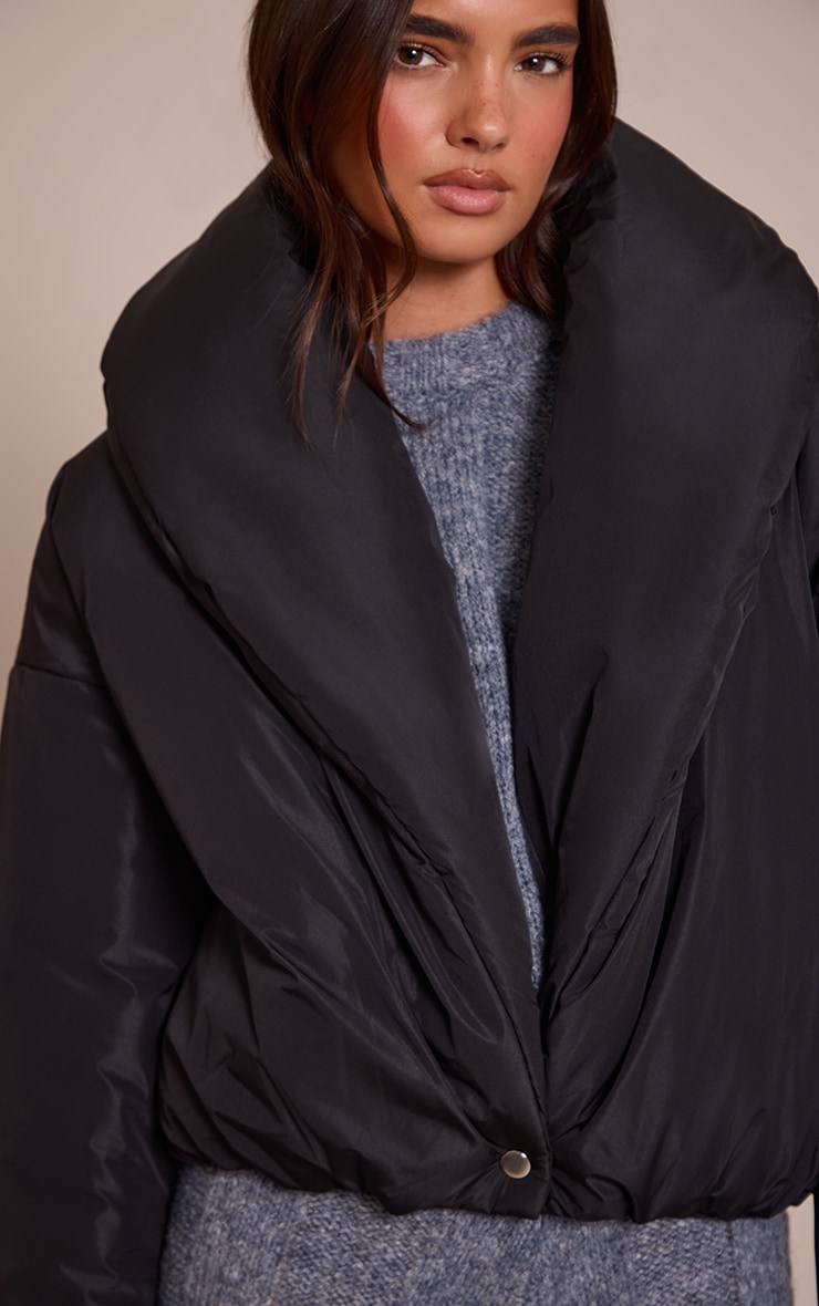 Black Exaggerated Collar Shell Puffer Jacket image 4