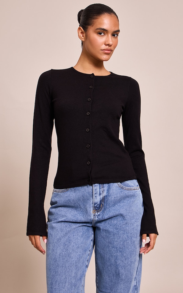 Black Button Through Fine Knit Cardigan