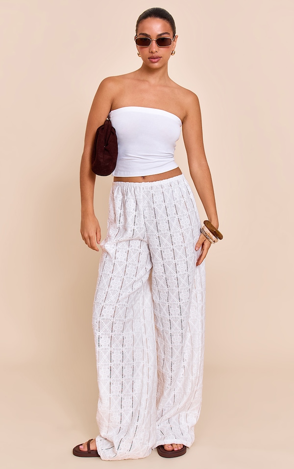 White Crochet Textured Wide Leg Pants