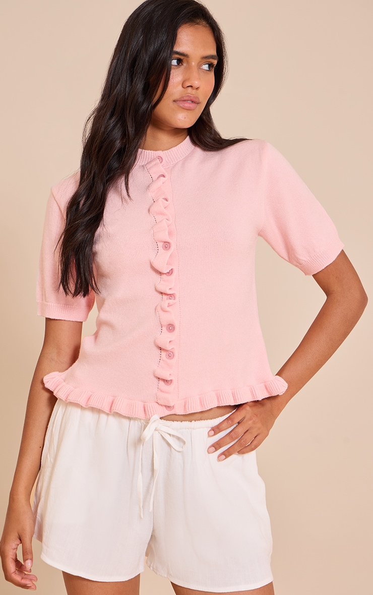 Pink Knit Ruffle Detail Short Sleeve Cardigan image 1