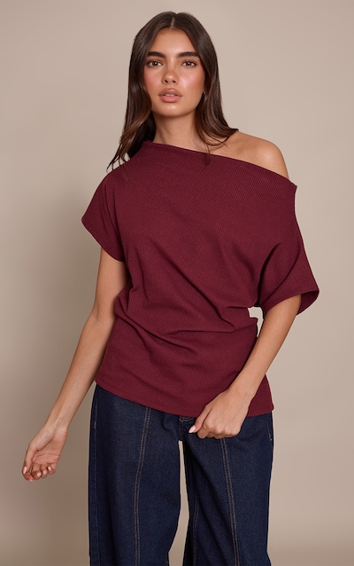 Wine Thick Rib Asymmetric Slouchy Long Top