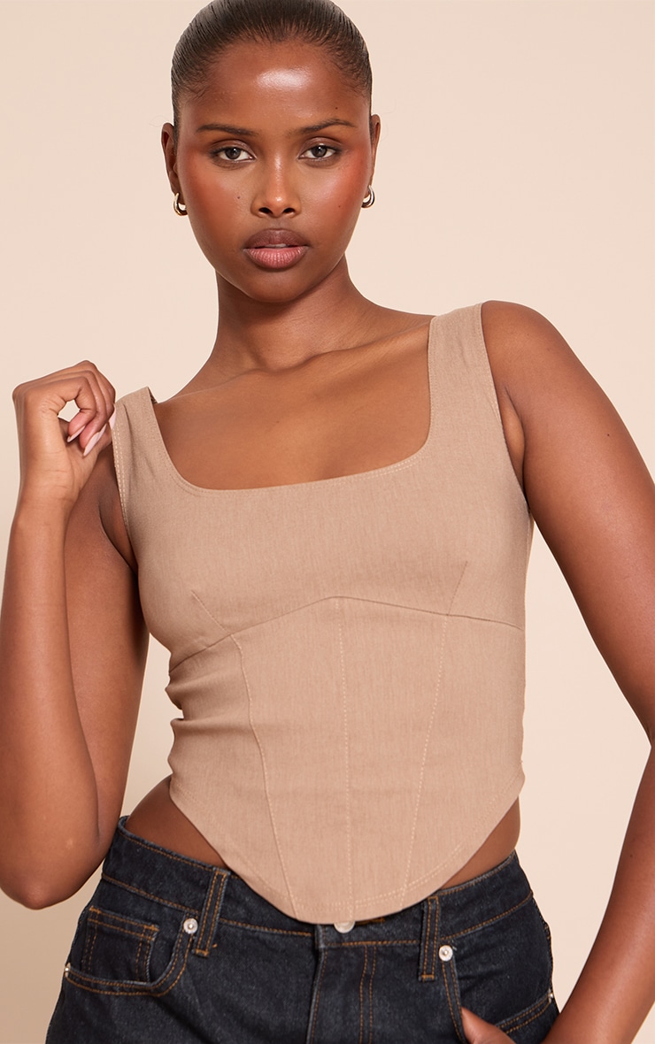 Mushroom Marl Stretch Woven Square Neck Corset Top image 4