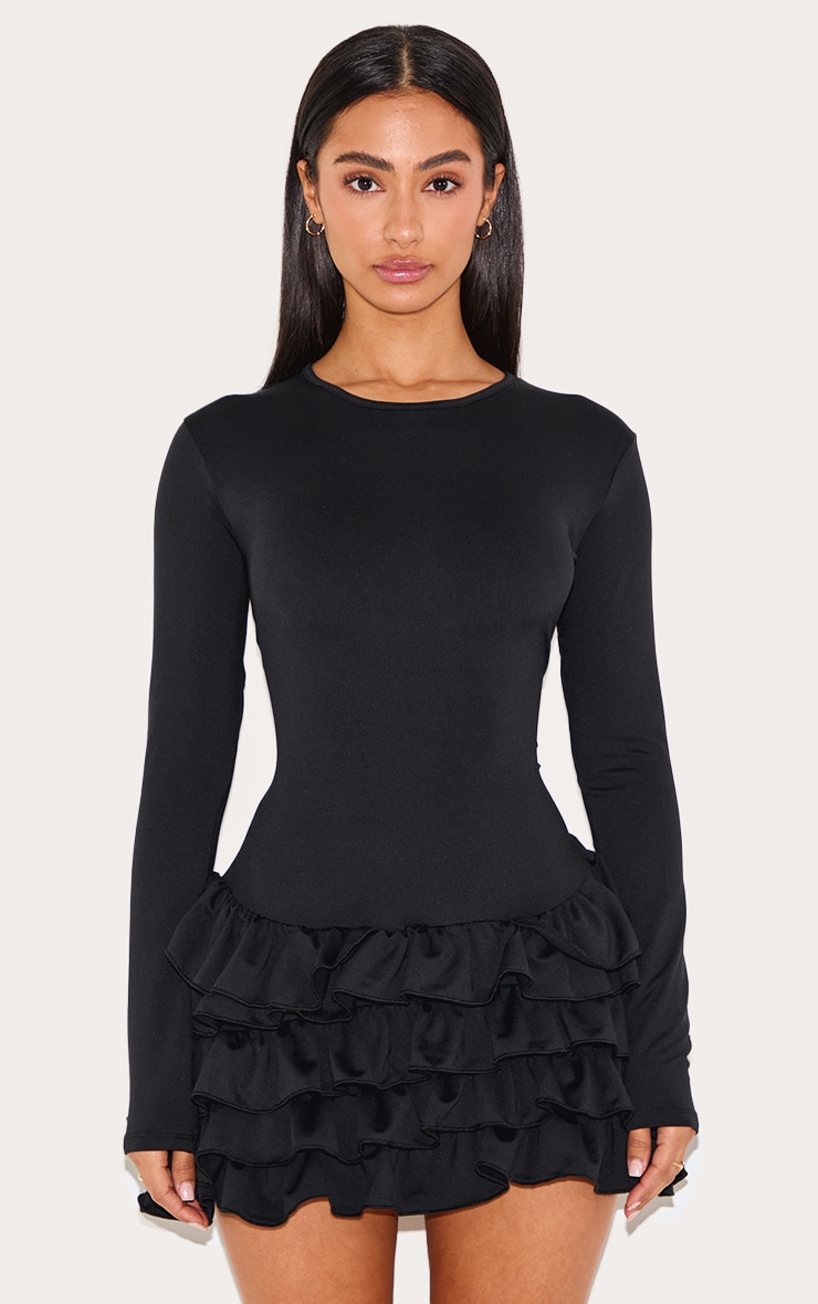 Petite Black Long Sleeve Frill Detail Shift Mini Dress image 1