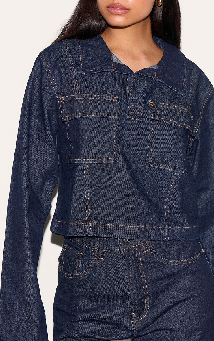Tall Chemise style rugby en jean indigo foncé à manches longues image 4