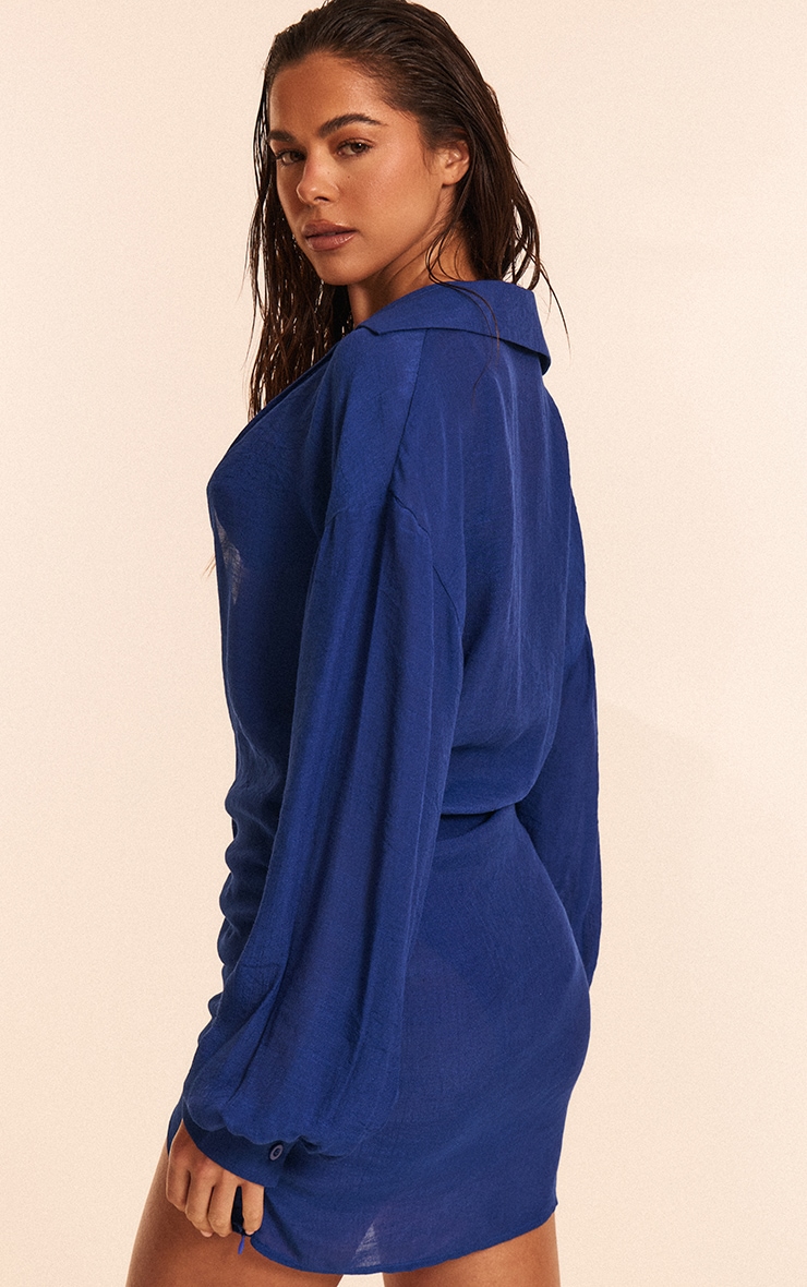 Cobalt Linen Look Plunge Ruched Beach Dress image 2