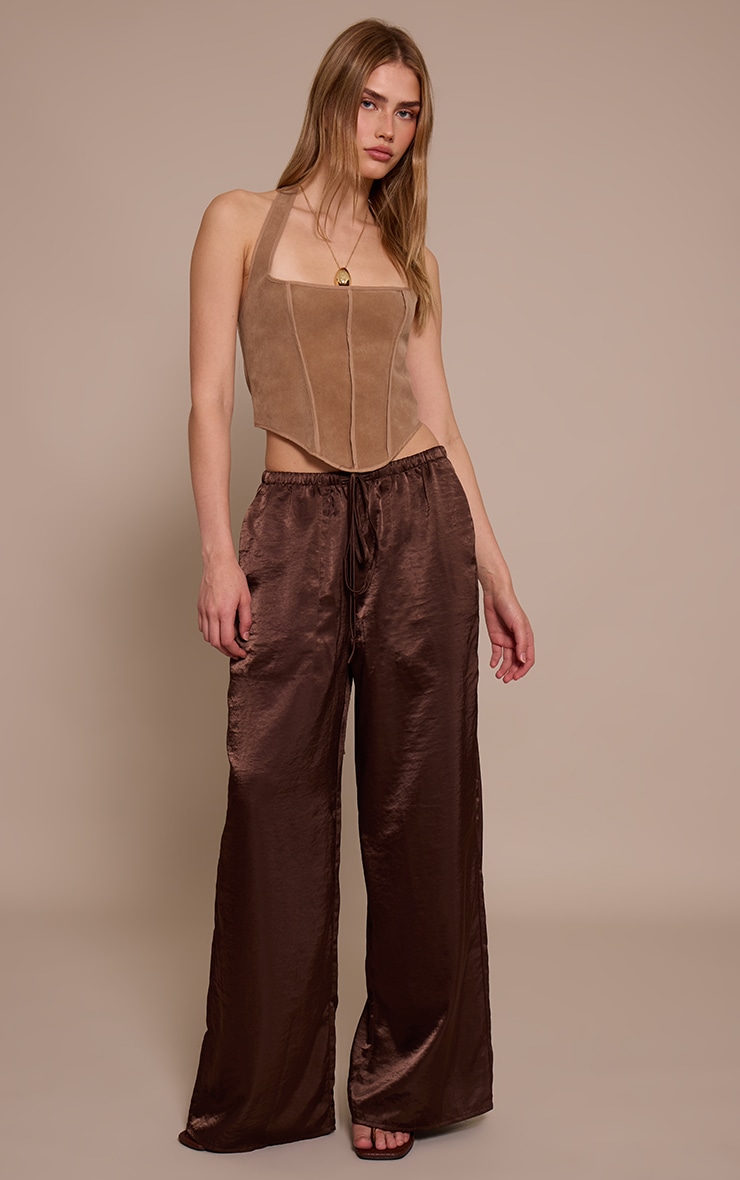 Light Brown Faux Suede Piping Detail Halterneck Corset image 3