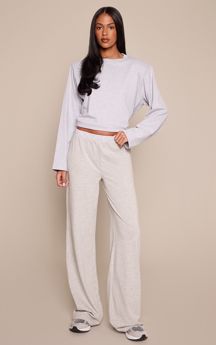 Tall Grey Cotton Checked Waistband Detail Jersey Wide Leg Trouser