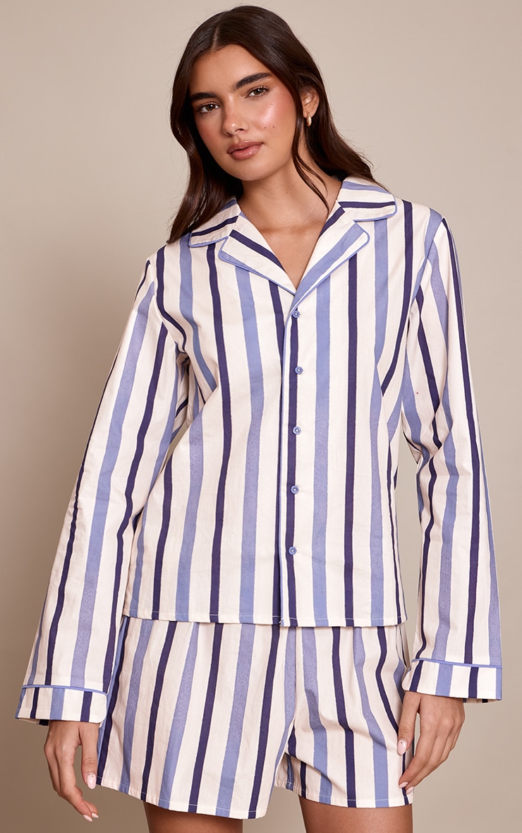Blue Stripe Poplin Long Sleeve Top and Shorts PJ Set image 3