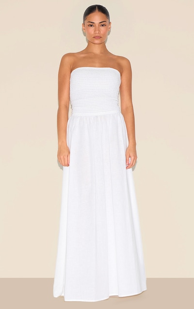 Petite White Bandeau Shirred Detail Maxi Dress