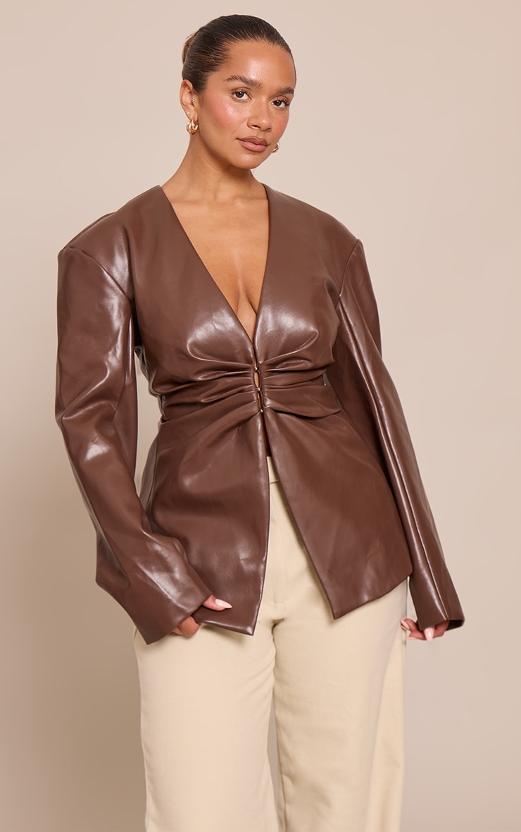 Shape Chocolate Faux Leather Ruched Front Blazer image 1
