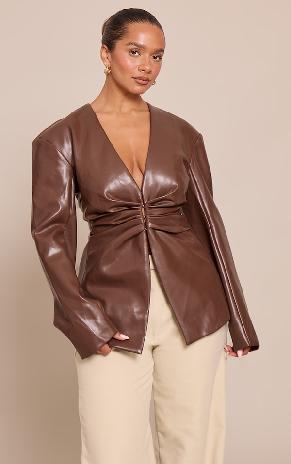 Shape Chocolate Faux Leather Ruched Front Blazer 