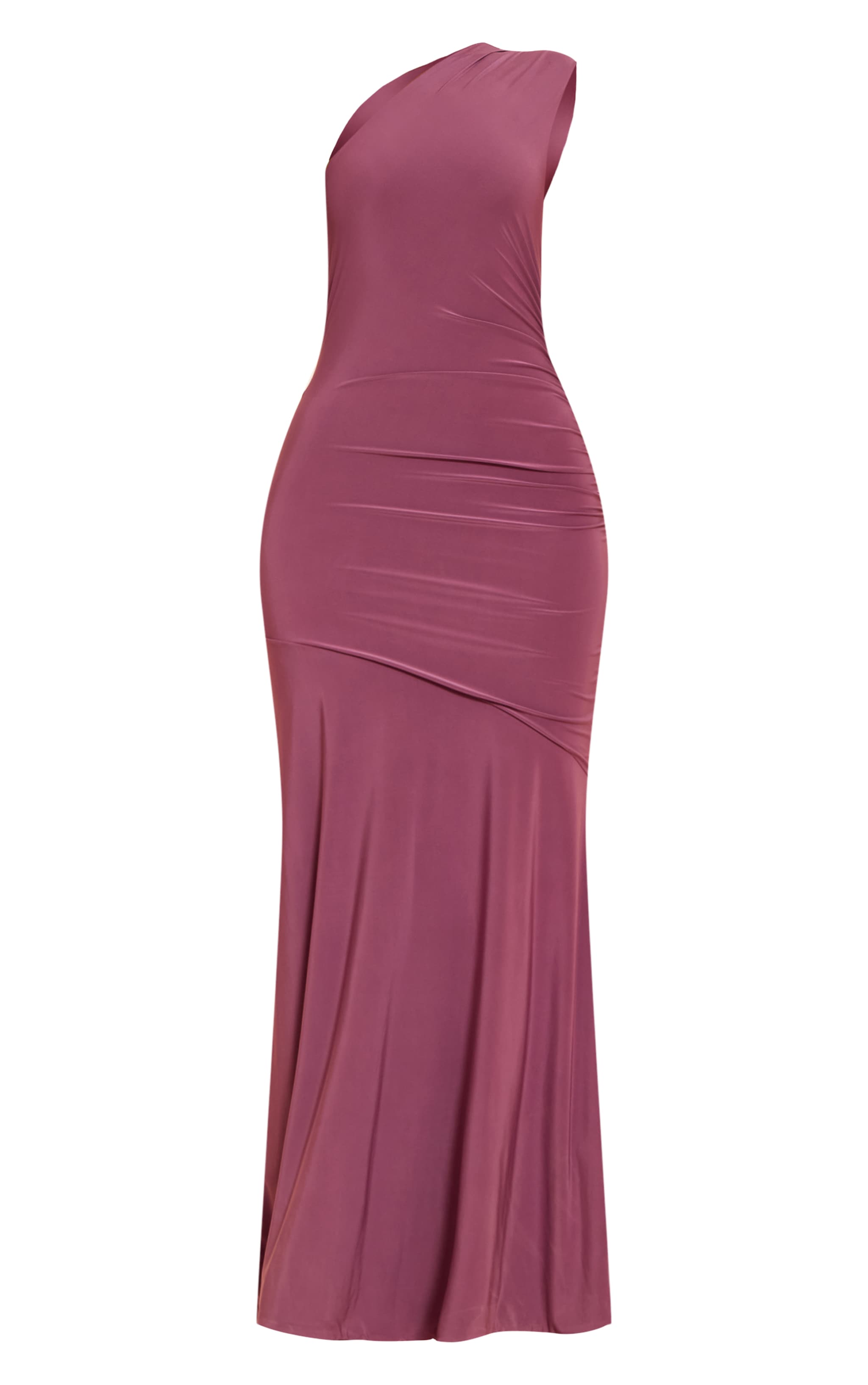 Mauve Double Layer Slinky One Shoulder Ruched Drop Hem Maxi Dress image 5