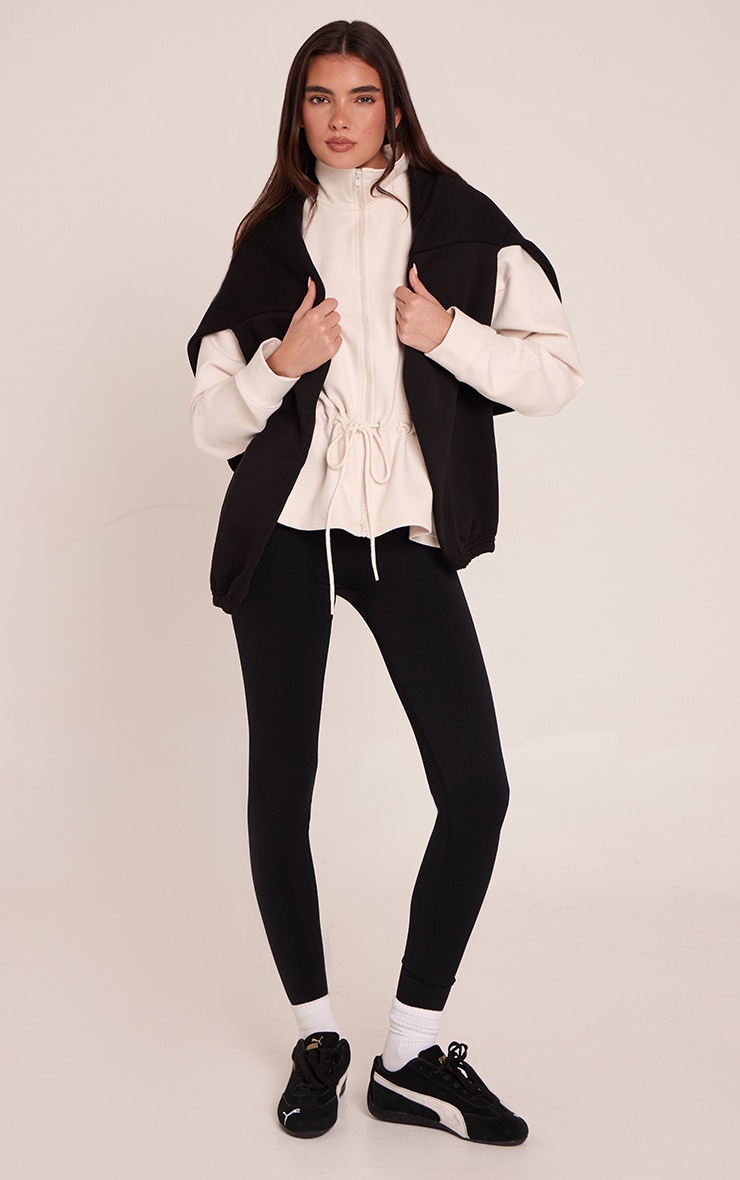 Cream Interlock Peplum Funnel Neck Zip Up Jacket image 3