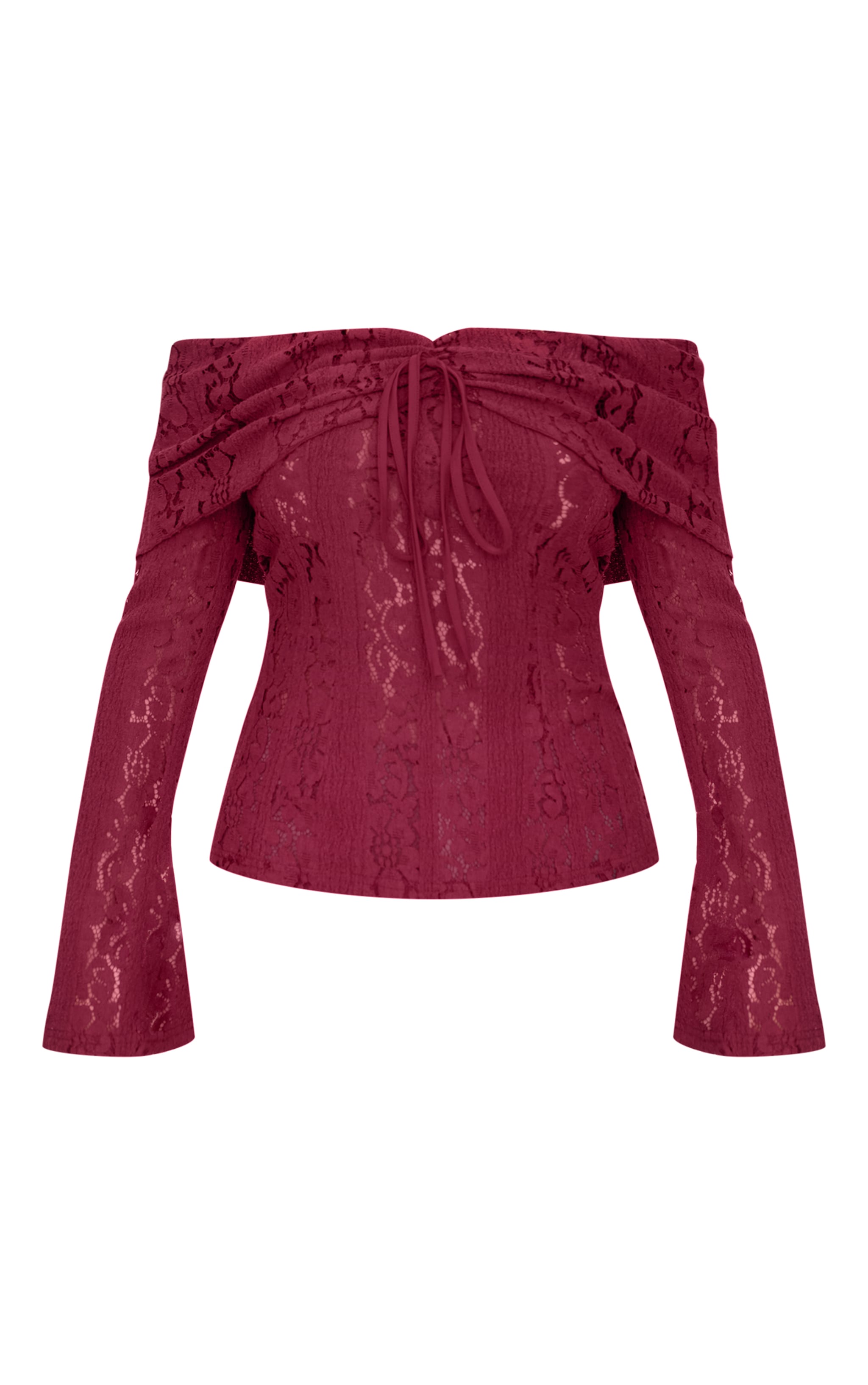 Plum Fitted Lace Flared Sleeve Bardot Top image 5