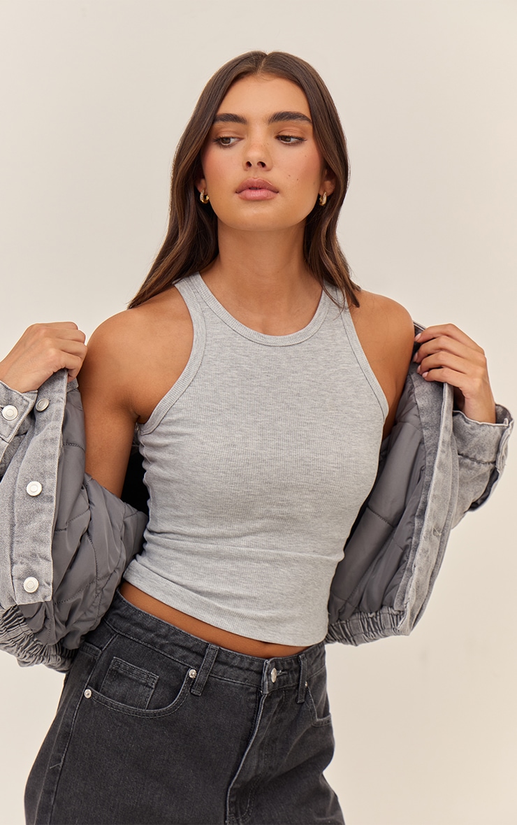 Grey Soft Rib Racer Neck Vest Top image 4