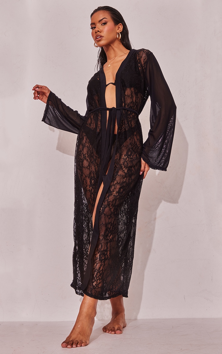 Black Lace Frill Sleeve Long Robe image 1