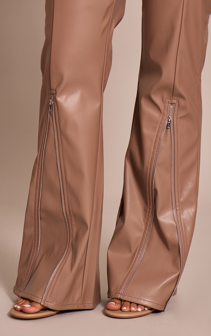 Petite Taupe Faux Leather Zip Detail Pants image 4