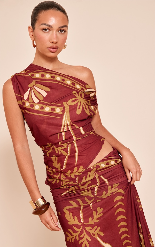  Rust Palm Print Chiffon Ruched Asymmetrical Crop Top