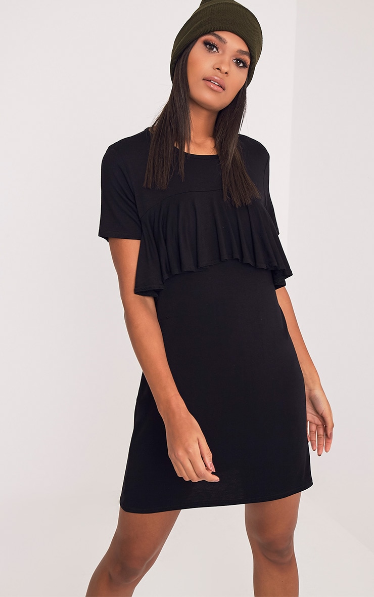 Sharley Black Ruffle Detail T-Shirt Dress | Dresses ...