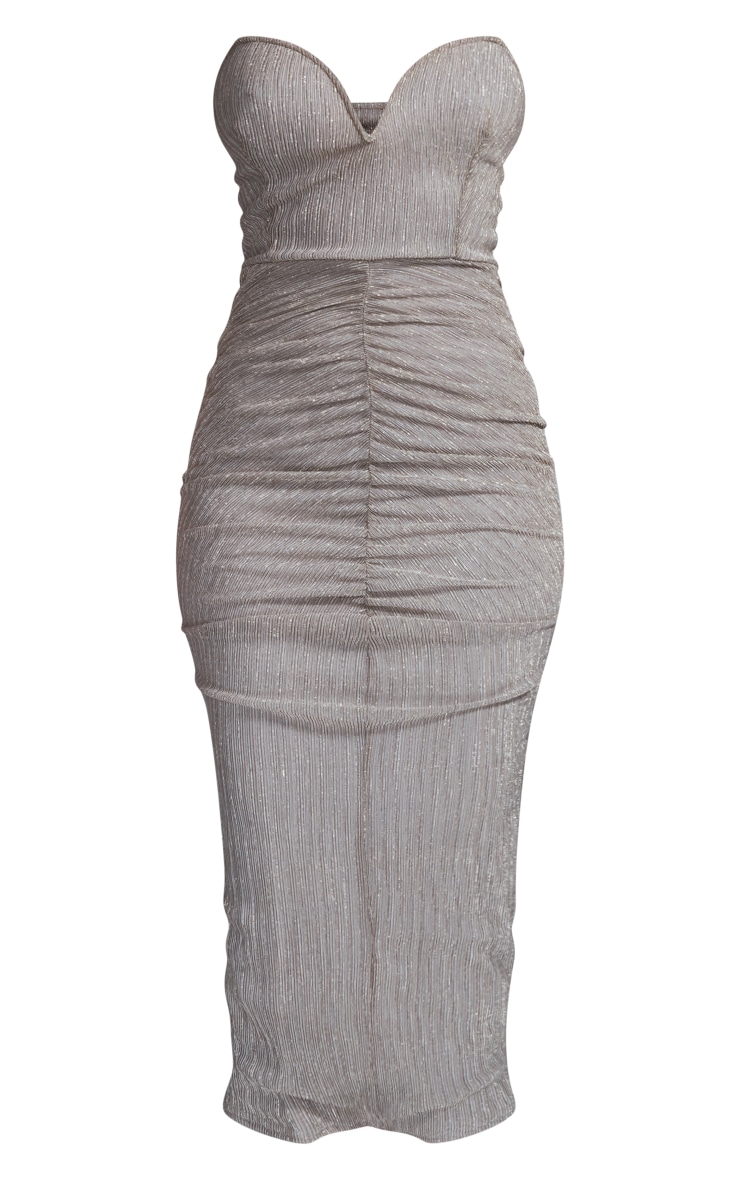 Gold Glitter Plisse V Bar Bandeau Midi Dress image 5