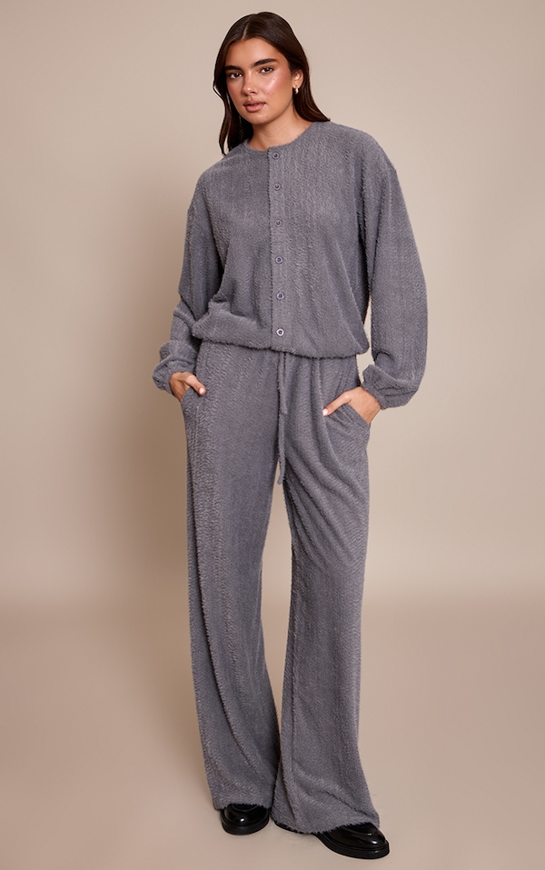 Grey Textured Wide Leg Drawstring Pants