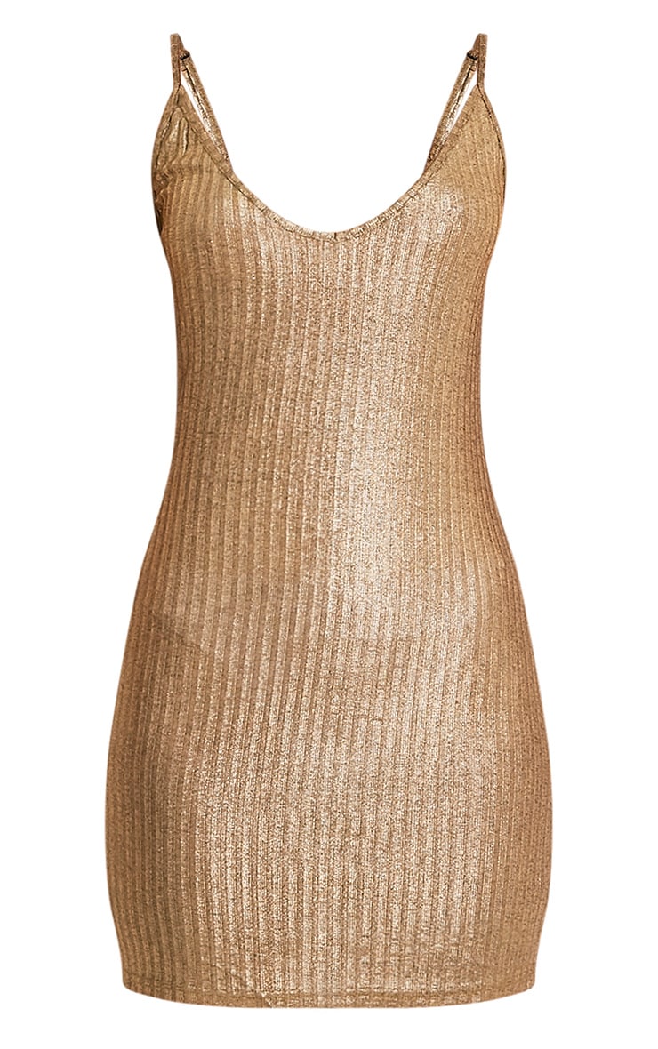 Abbygail Gold Metallic Ribbed Knitted Mini Dress PrettyLittleThing USA