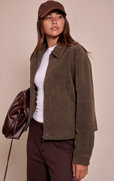 Khaki Faux Suede Concealed Placket Bomber Jacket