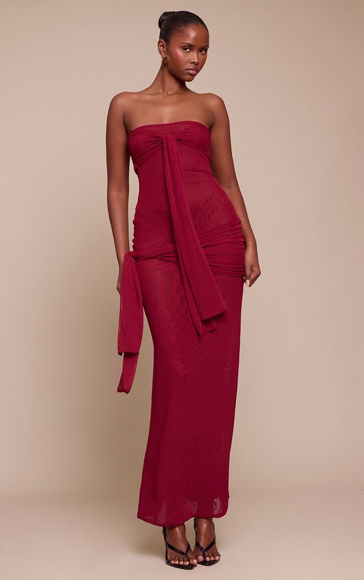 Burgundy Mesh Bandeau Knot Detail Maxi Dress image 3