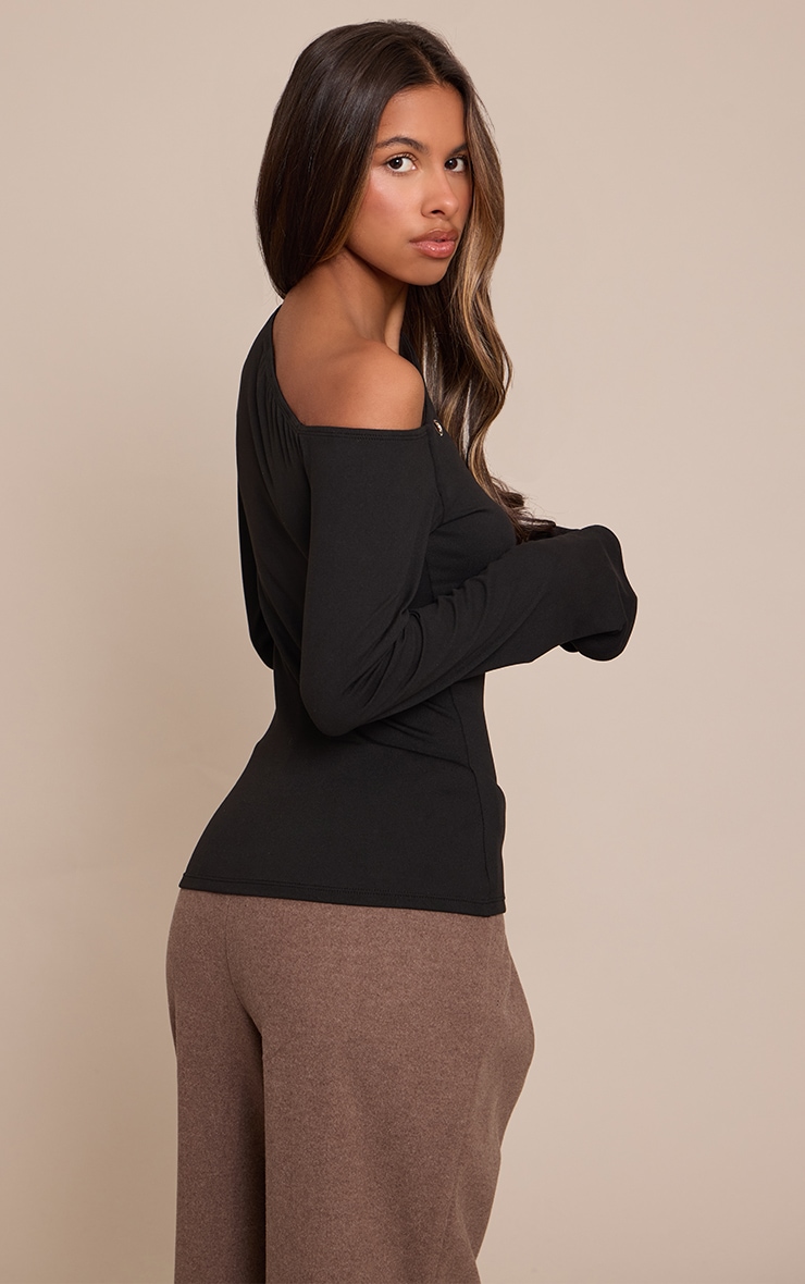 Petite Black Eyelet Asymmetric Long Sleeve Top image 2