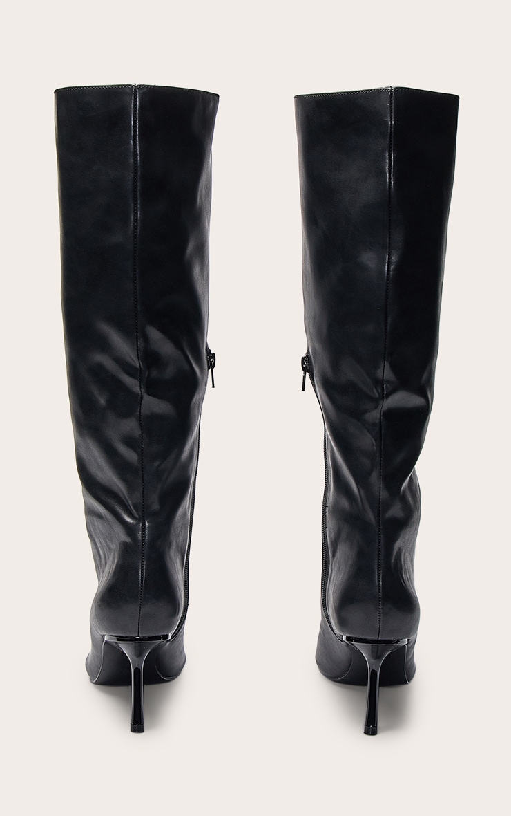 Black PU Point Toe Stiletto Knee High Boots image 4