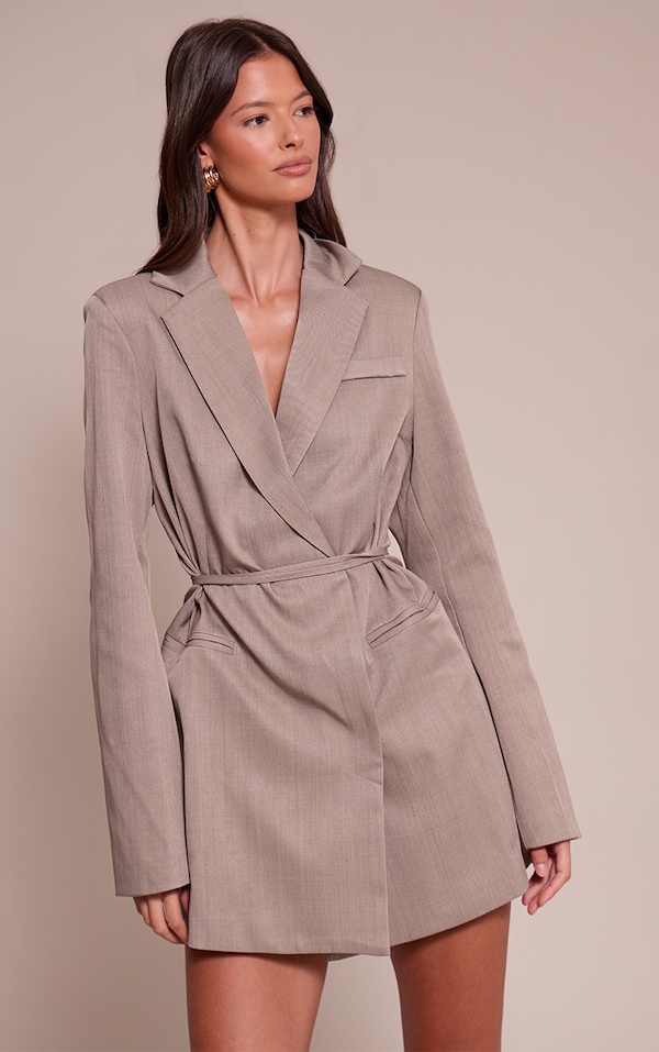 Grey Woven Contrast Tie Blazer Dress